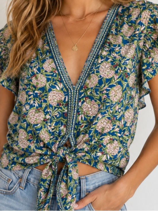 Max Studio London Tops - Max Studio London Floral Tie Front Blouse XS Blue Green Boho